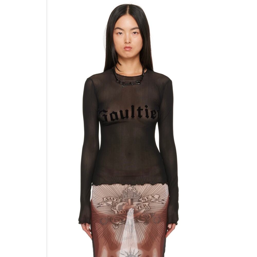 Jean Paul Gaultier Velvet Flocked Mesh Logo Top Designer Black Shirt Medium